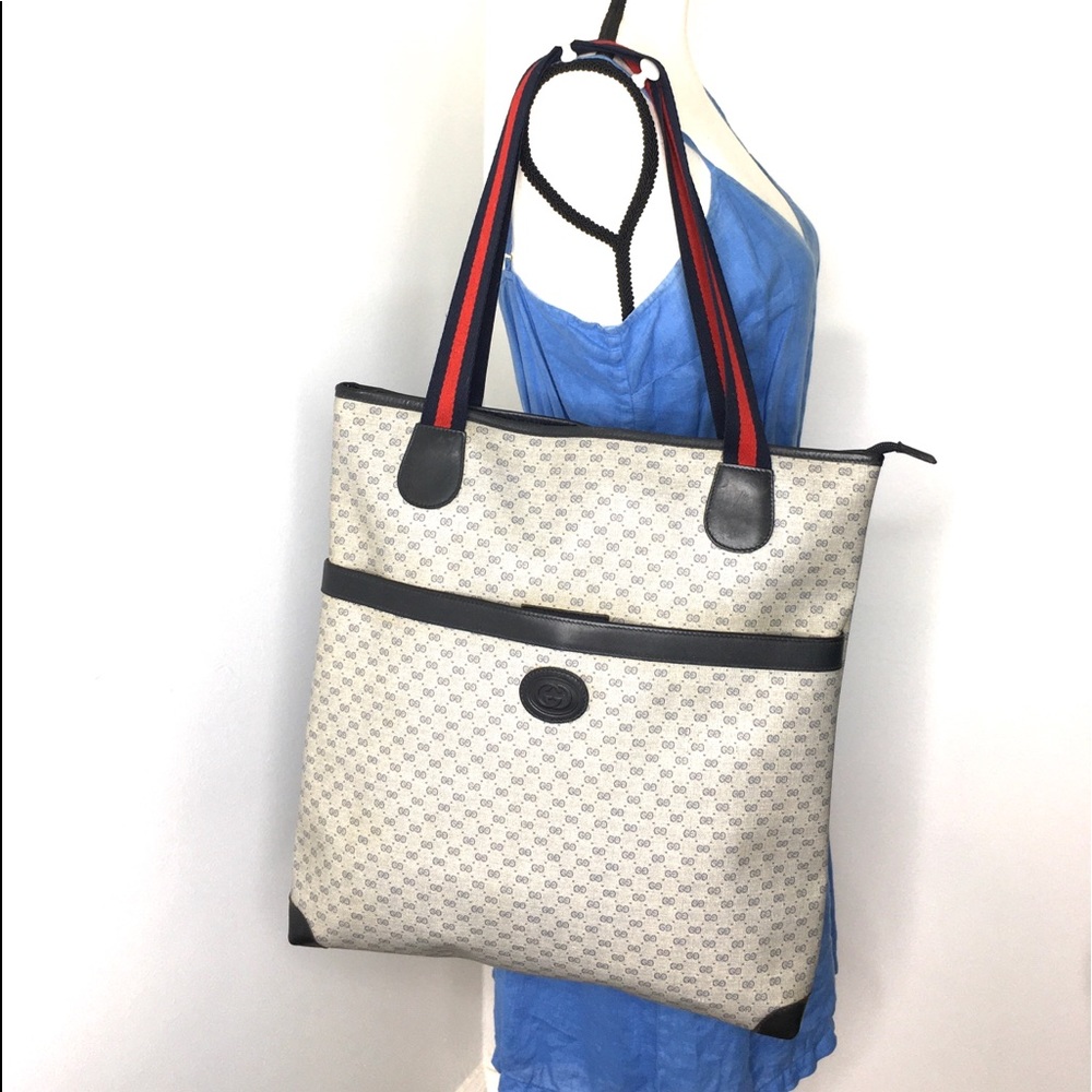 Authentic Gucci navy grey monogram coated canvas large tote bag